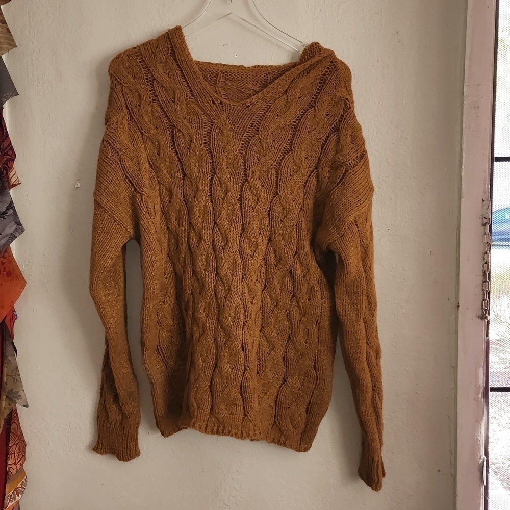 - NWOT Solid Oversize Knit Pullover Hooded Sweaters, Casual V Neck Sweater